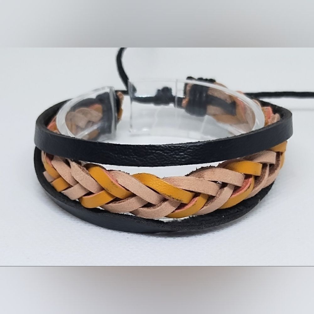 Leather bracelet layered braided brown new e9